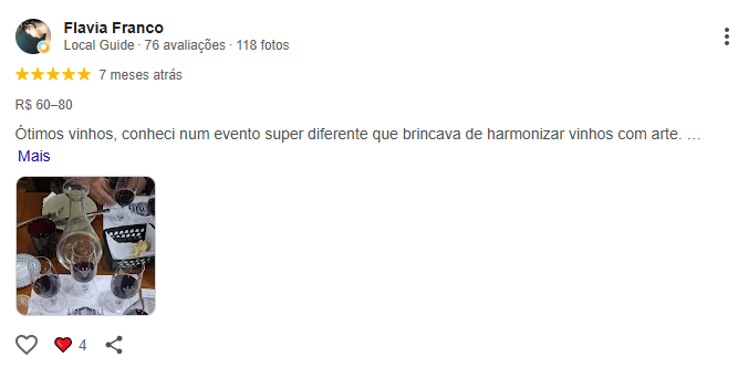 Avaliação Google Meu Negócio de cliente Garrafas do Beco